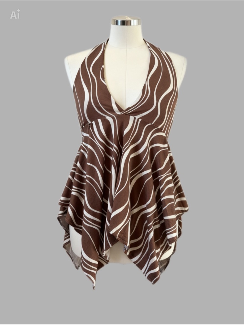 Brown and White Wave-Print Halter Tunic Top